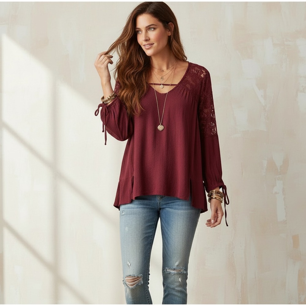 Altar'd State S Top Womens Burgundy Lace V Neck Crochet Boho Whimsigoth Cottage